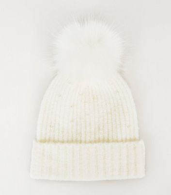 Ladies Foxbury Beanie Hat with Pearl Bead Embellishment and Fur Bobble GL572 
