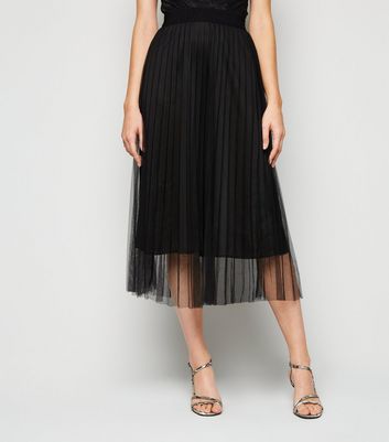 Black Mesh Pleated Midi Skirt | New Look
