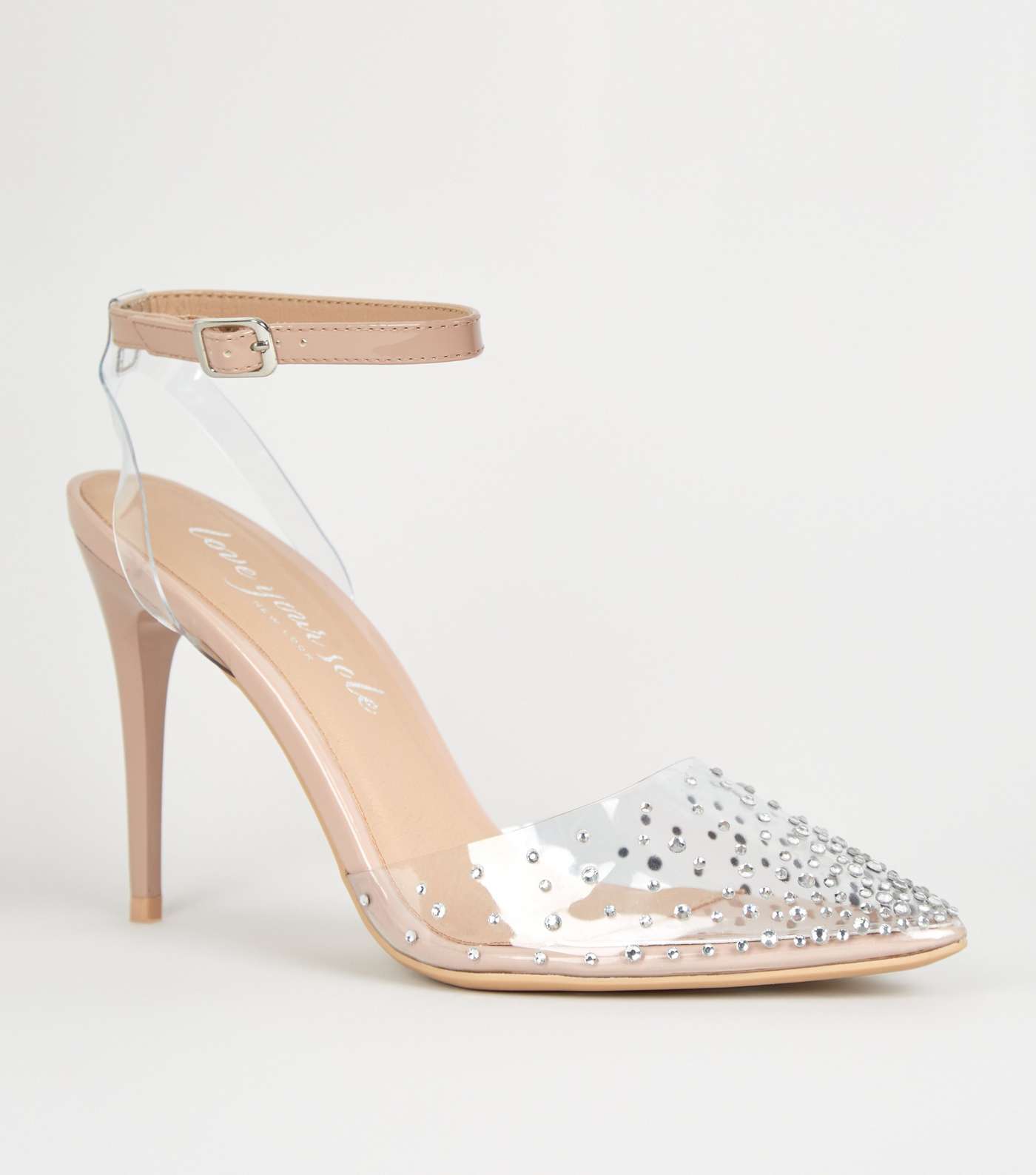 Pale Pink Patent Diamanté Clear Toe Court Shoes
