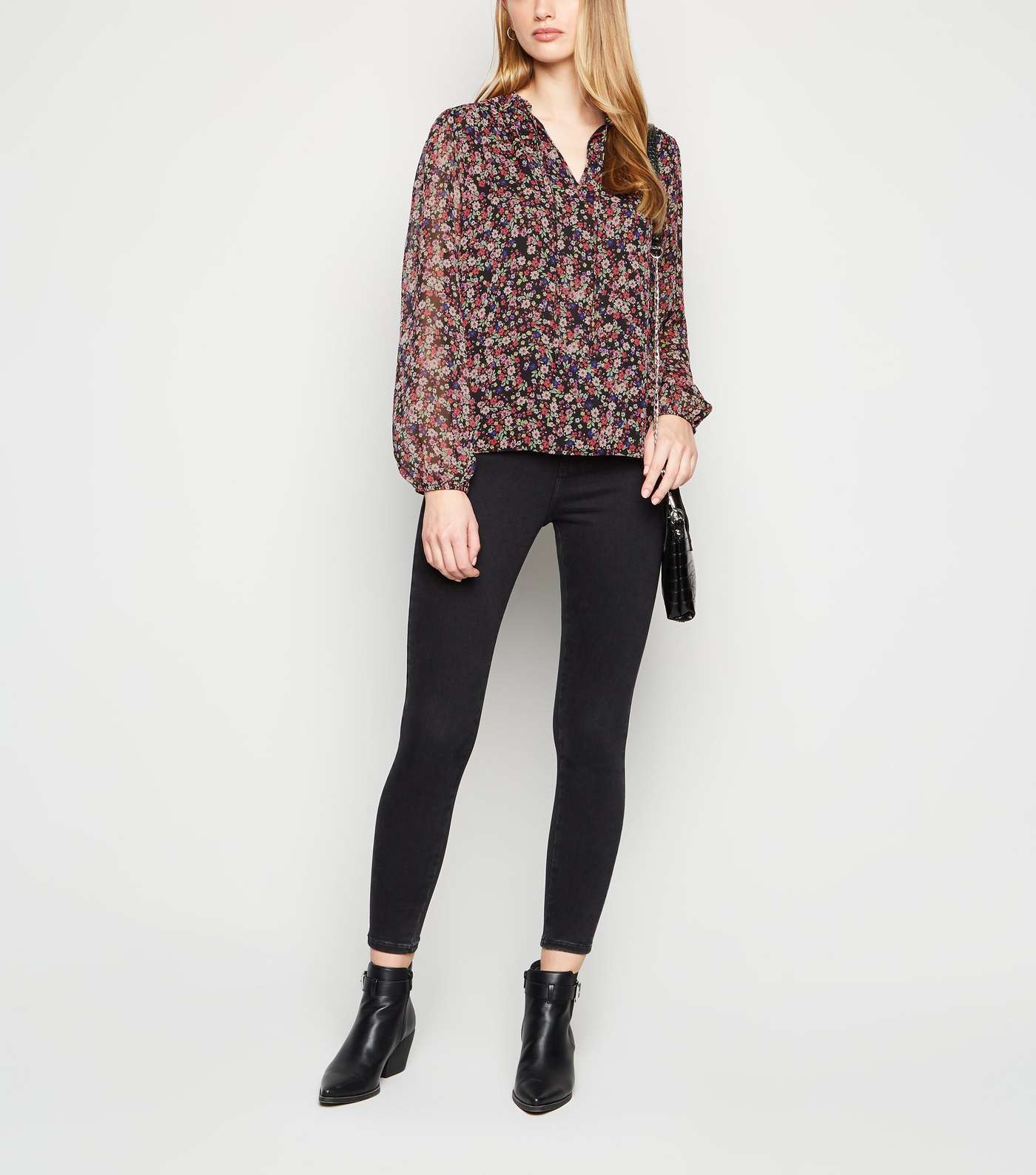 Black Ditsy Floral Tie Frill Neck Blouse Image 2
