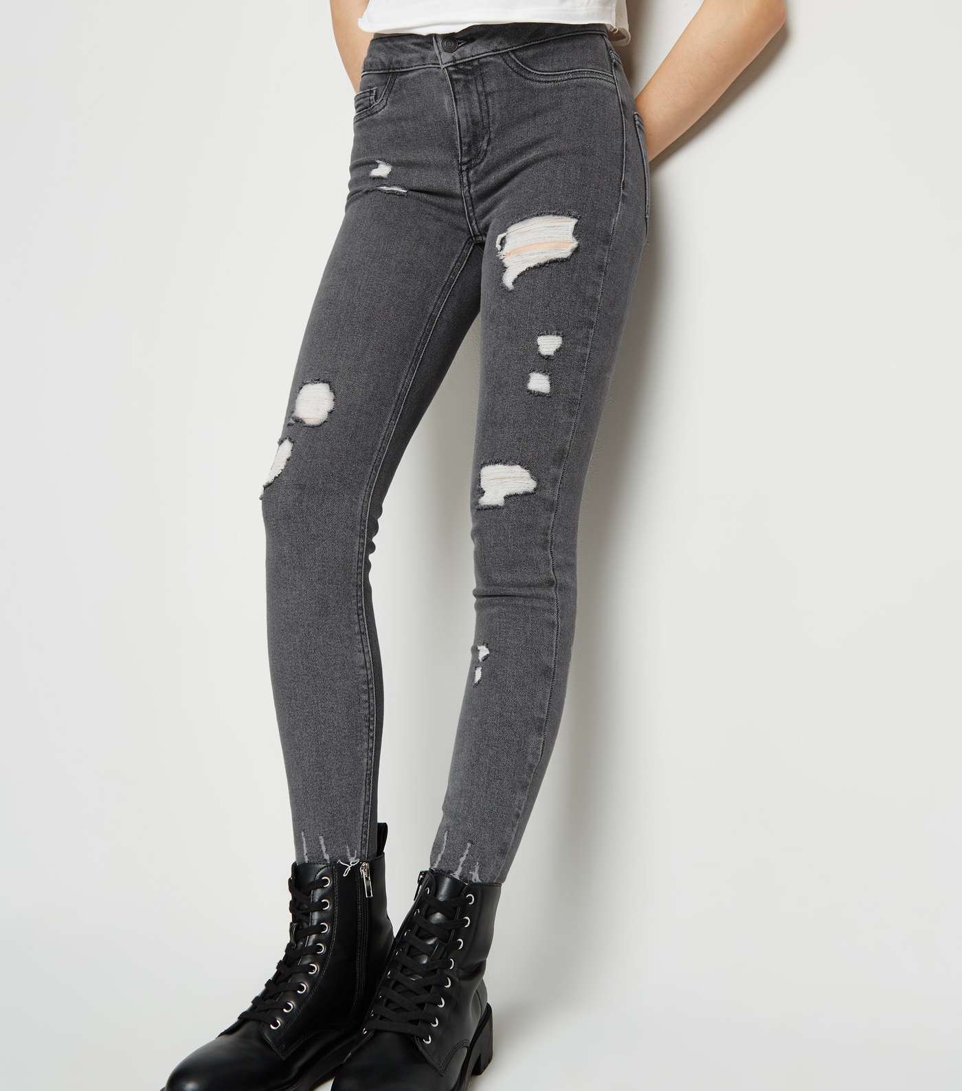 Girls Grey Ripped High Waist Super Skinny Jeans Image 5