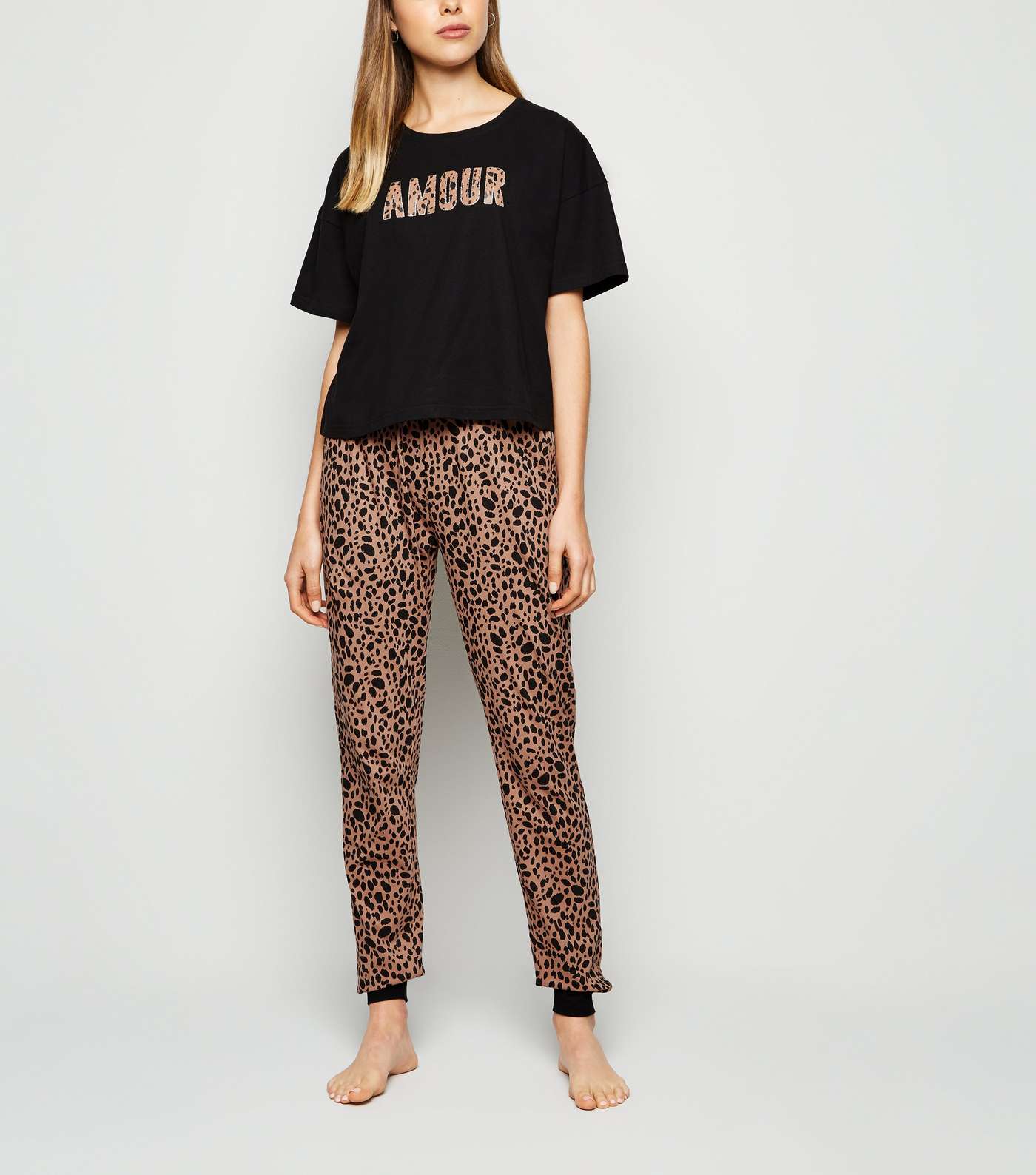 Black Leopard Print Amour Slogan Pyjama Set