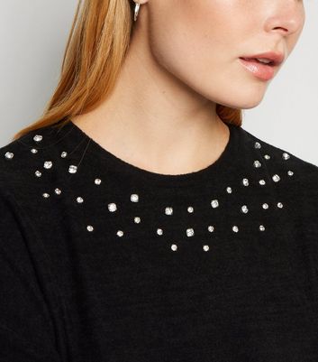 Black Gem Embellished Brushed Fine Knit 