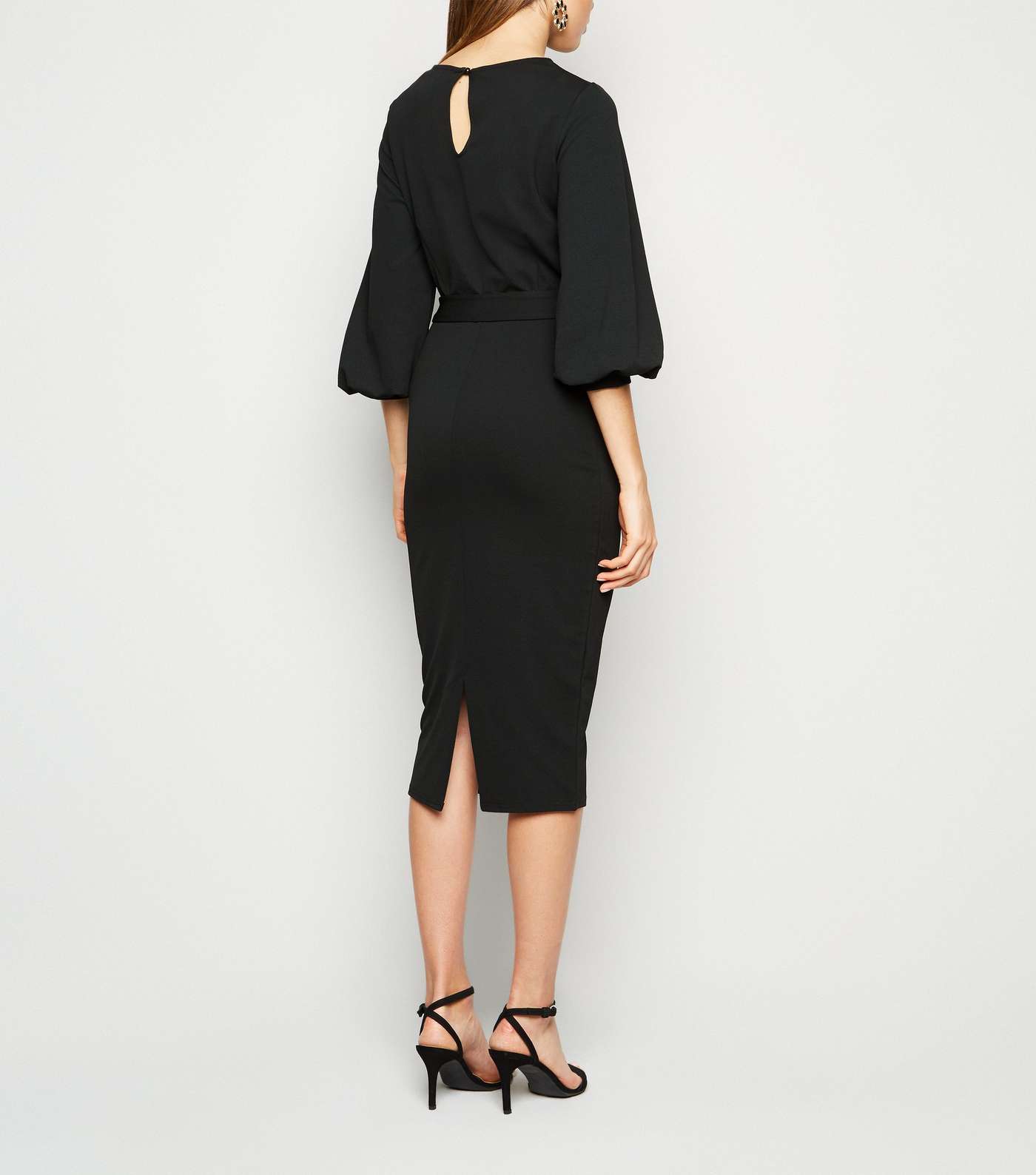 Black Puff Sleeve Belted Bodycon Dress Image 2