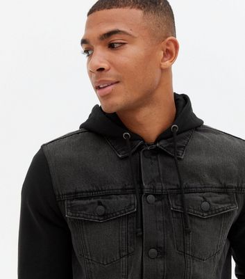 Men's Black Jersey Sleeve Hooded Dark Wash Denim Jacket New Look