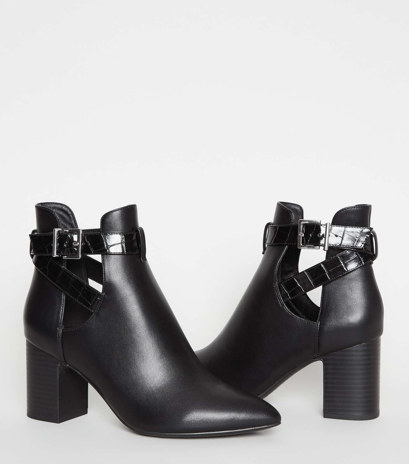 Black Leather-Look Cut Out Heeled Boots Image 3