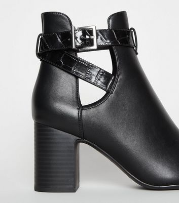 Black Leather-Look Cut Out Heeled Boots 