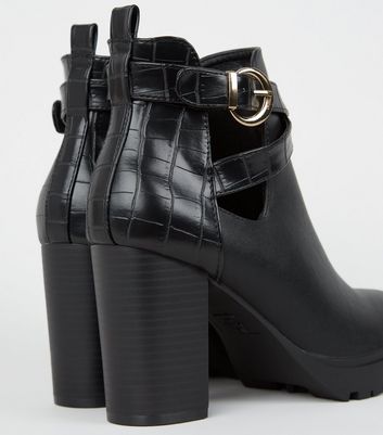 Black Leather Look Strappy Chunky Heel Boots New Look