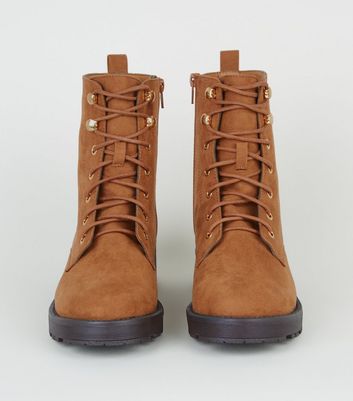 Tan Suedette Lace Up Chunky Boots | New 