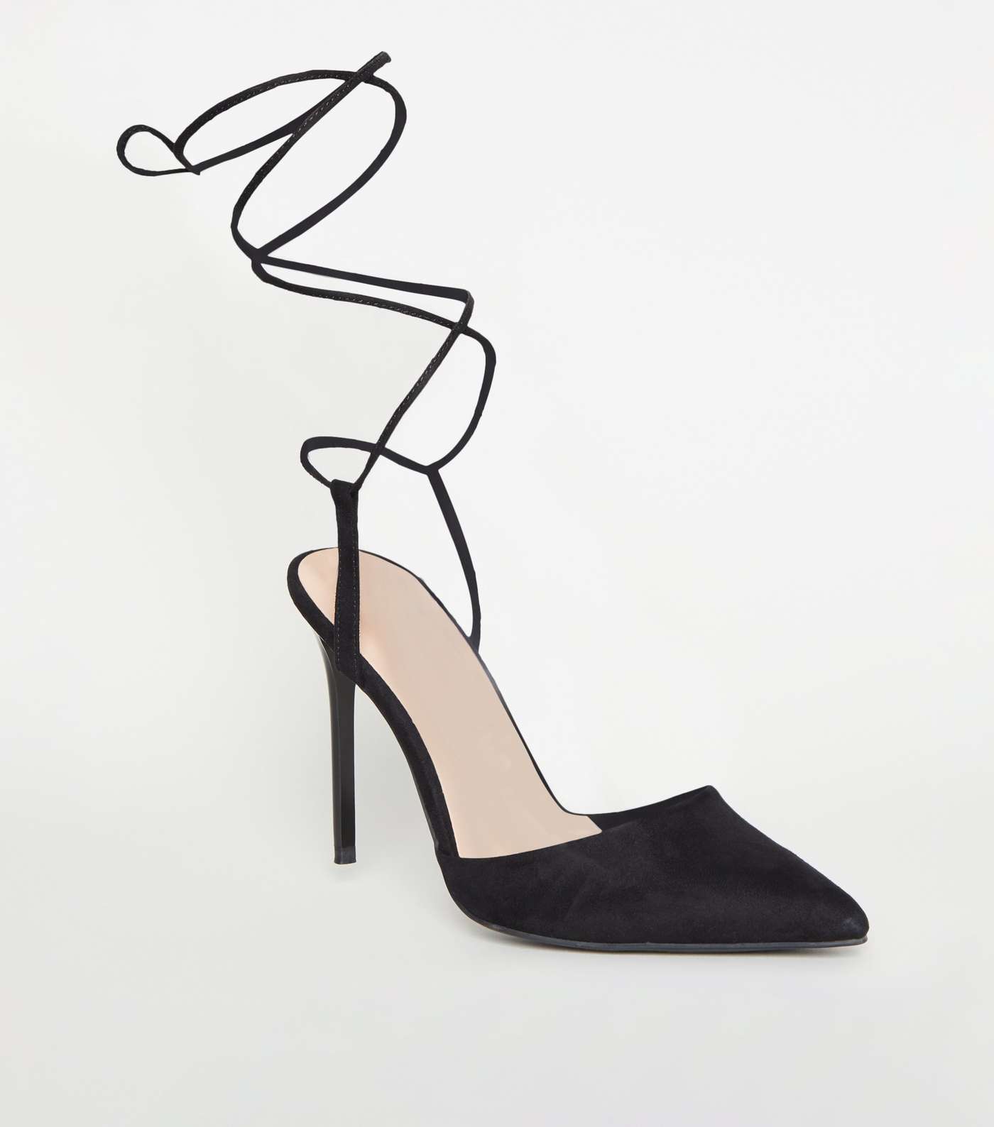 Black Suedette Ankle Tie Pointed Court Shoes