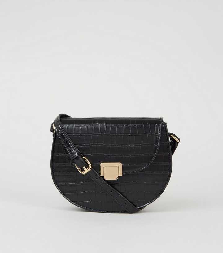 Black Faux Croc Saddle Cross Body Bag