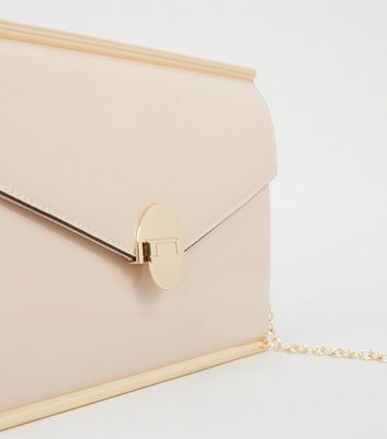 Cream Patent Metal Trim Clutch Bag New Look