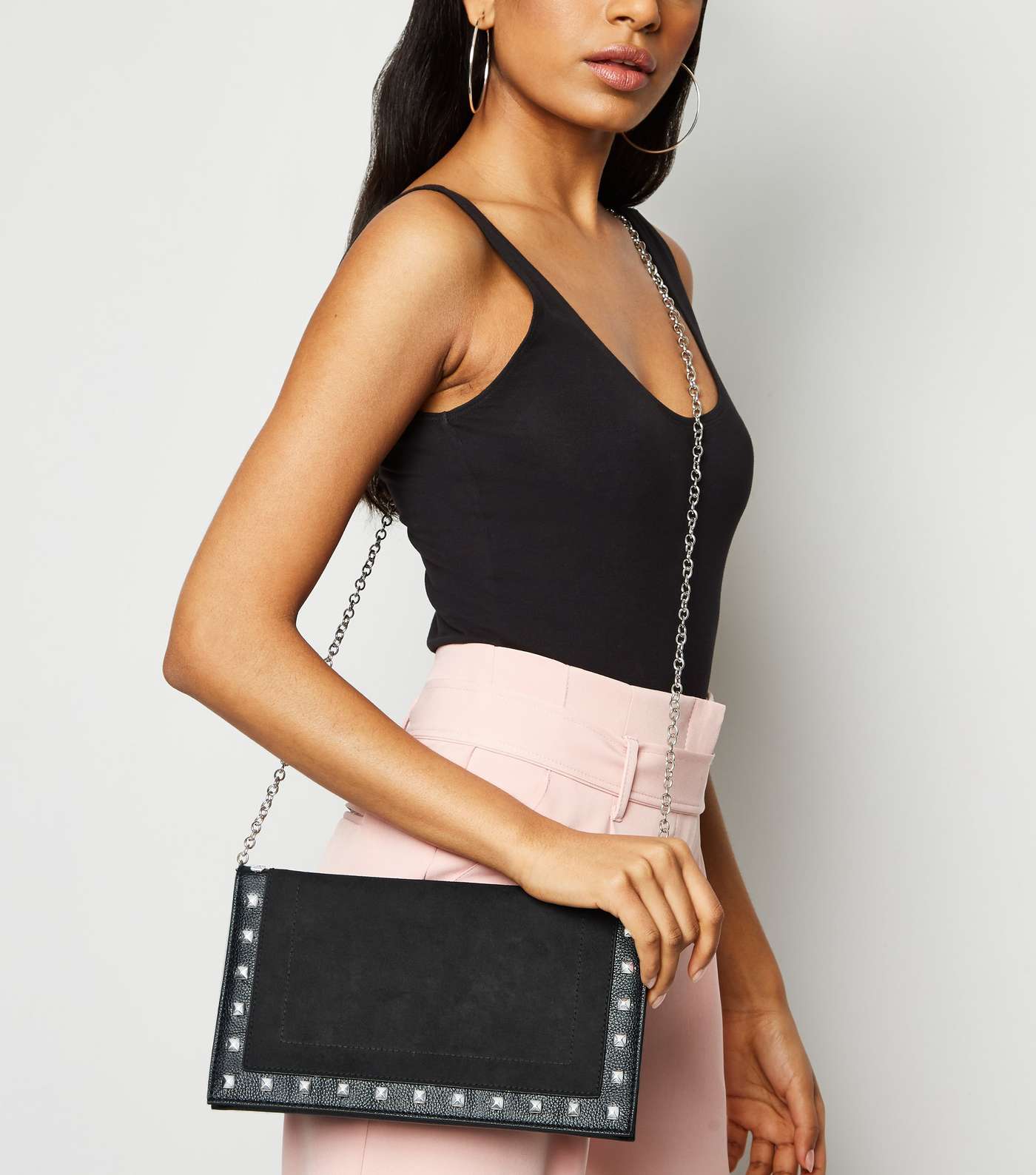 Black Leather-Look and Suedette Studded Clutch Image 2