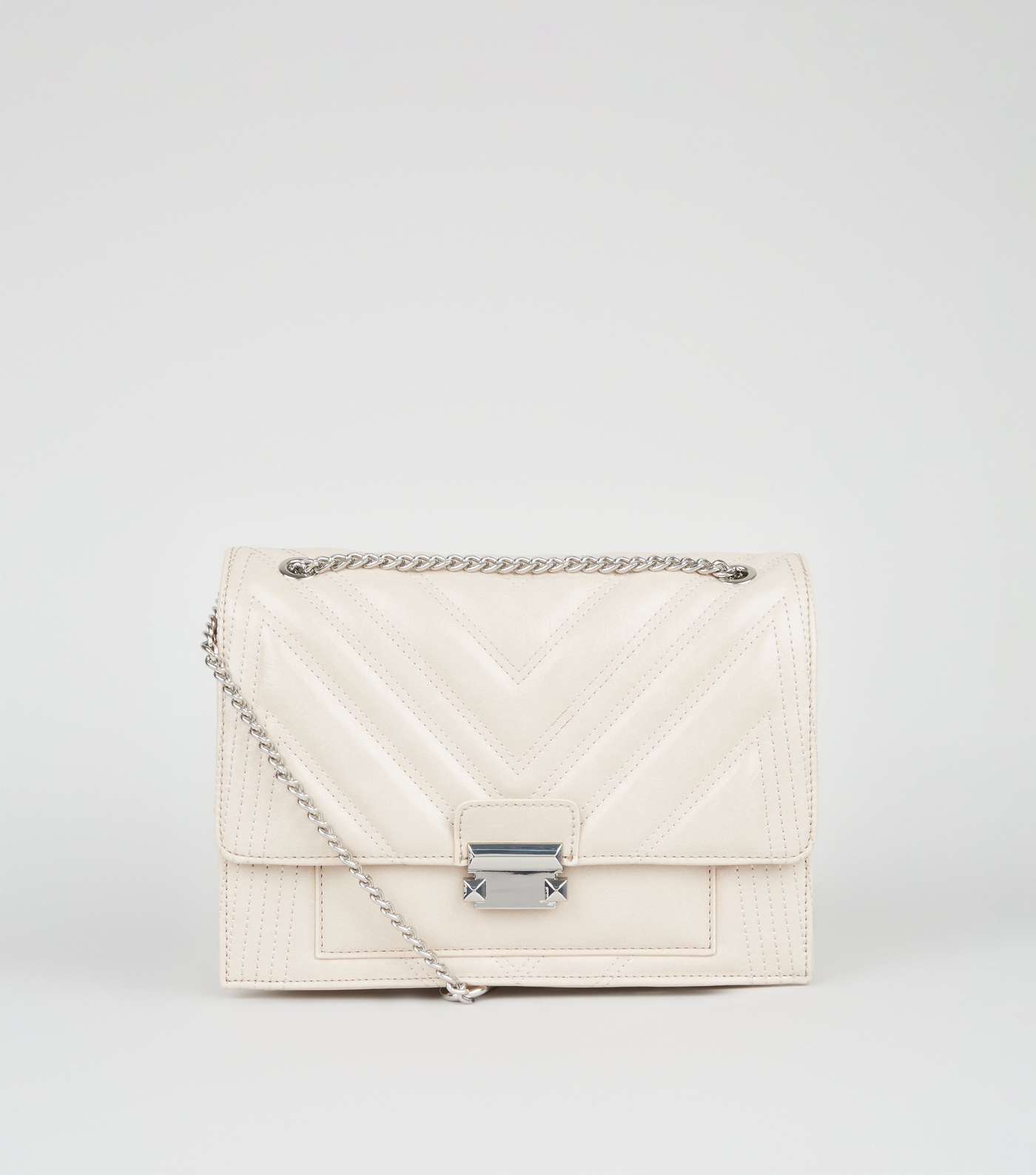 Cream Leather-Look Quilted Chain Shoulder Bag