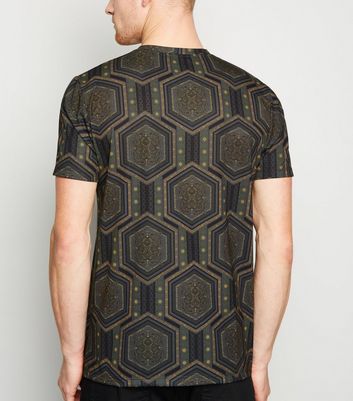 Image of Dark Green Hexagon Geometric T-Shirt New Look