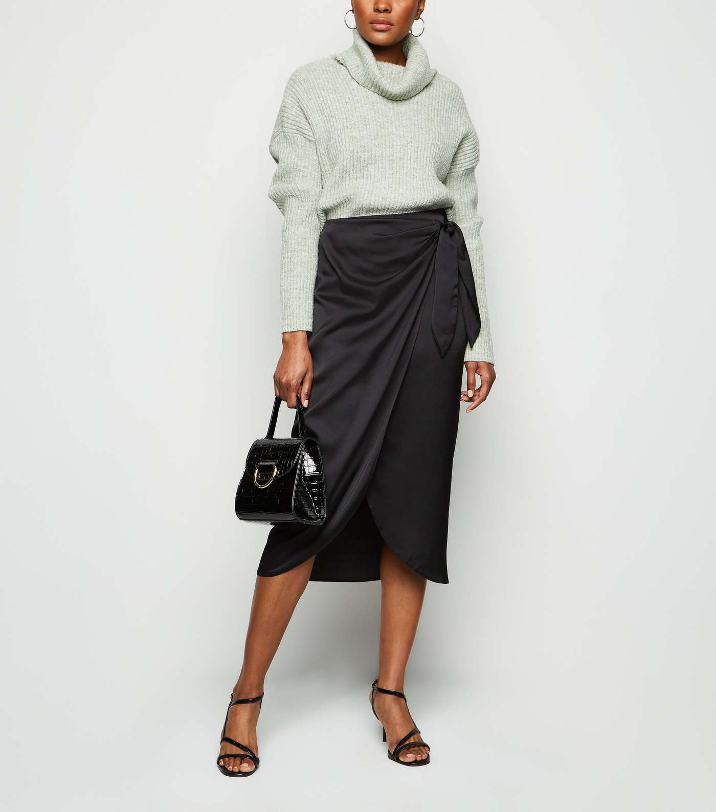 Black Satin Wrap Midi Skirt