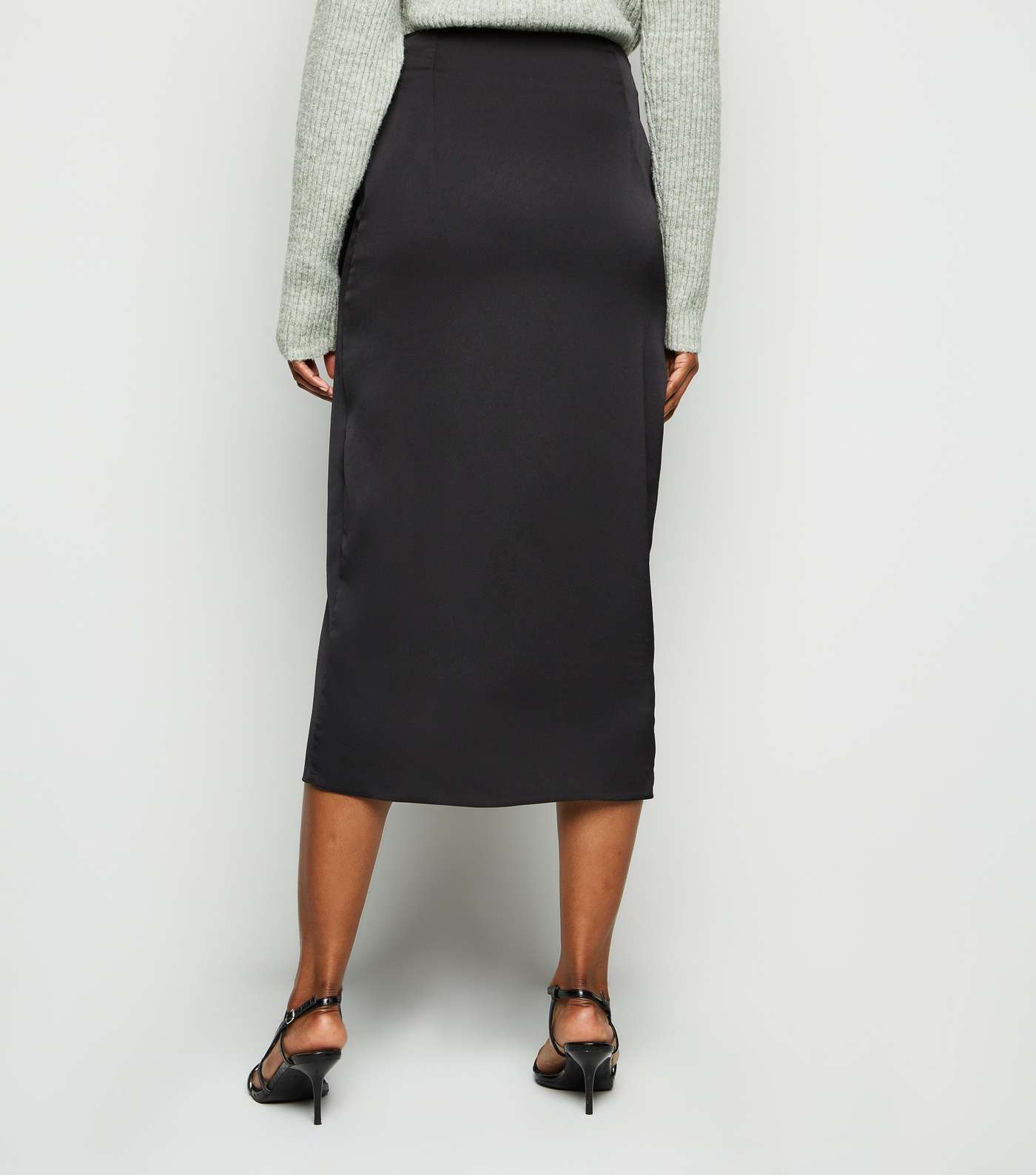Black Satin Wrap Midi Skirt Image 3