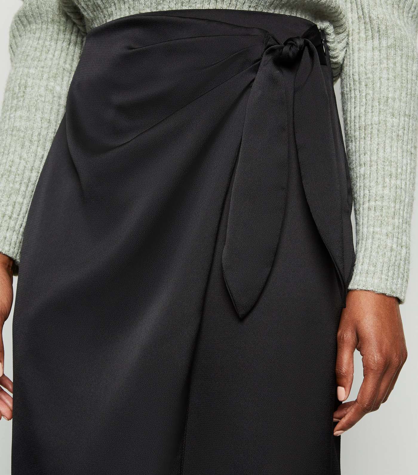 Black Satin Wrap Midi Skirt Image 5