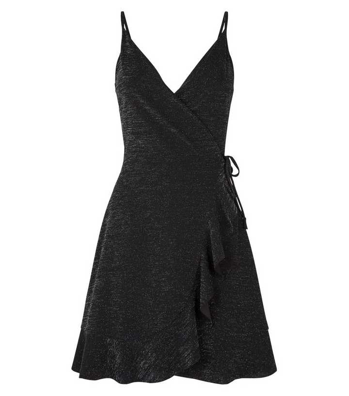 Black Glitter Strappy Frill Wrap Mini Dress | New Look