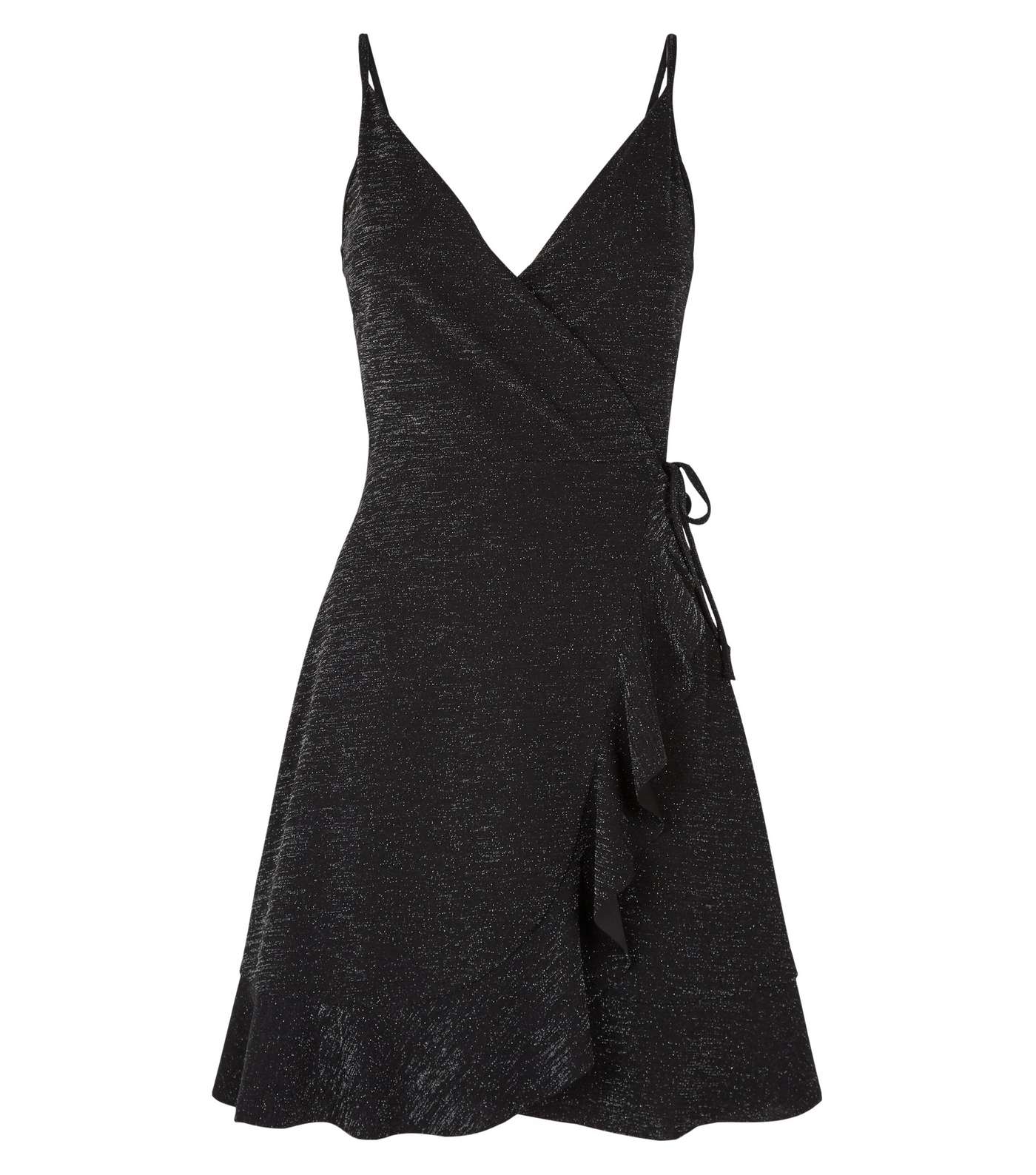Black Glitter Strappy Frill Wrap Mini Dress Image 4