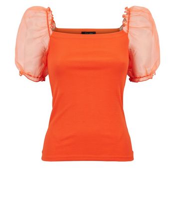 Image of Bright Orange Puff Organza Sleeve Top New Look