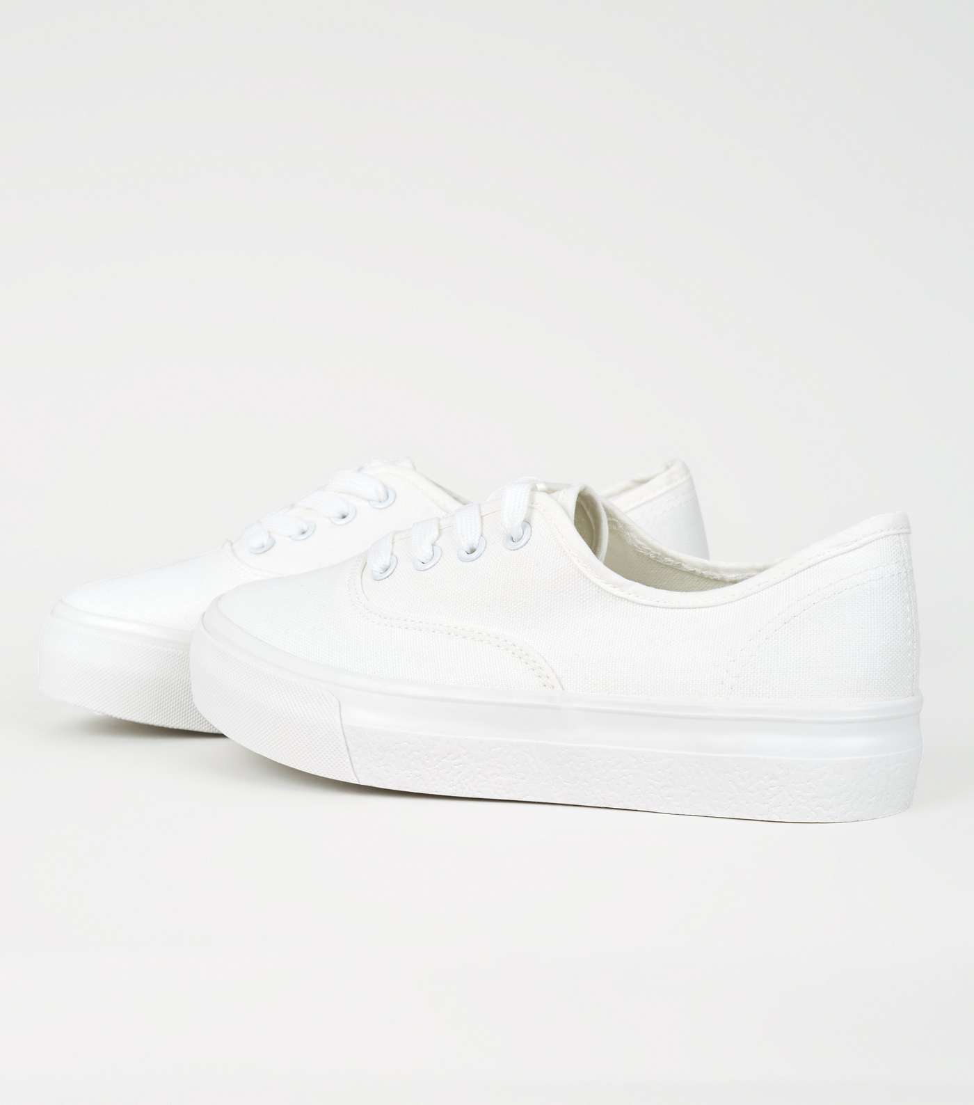 White Canvas Lace-Up Flatform Trainers Image 3