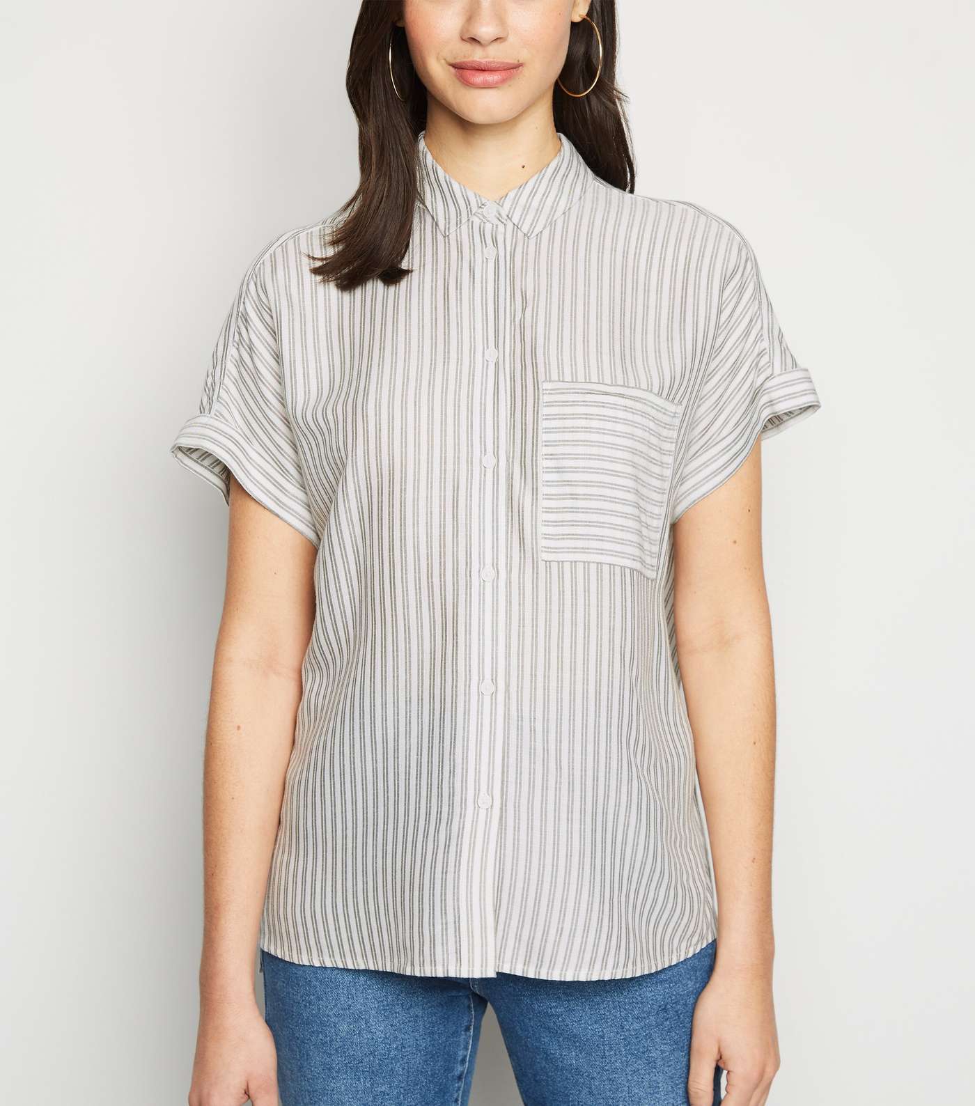 Khaki Stripe Pocket Front Short Sleeve Shirt