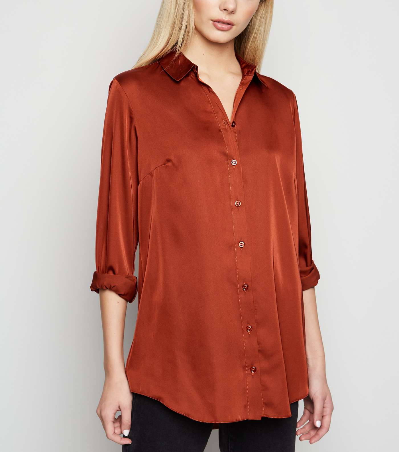 Rust Satin Long Sleeve Longline Shirt