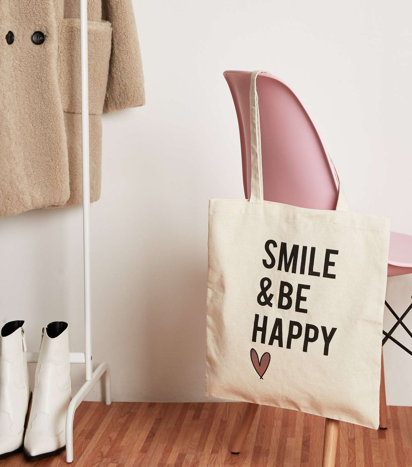Cream Smile & Be Happy Slogan Canvas Bag Image 2