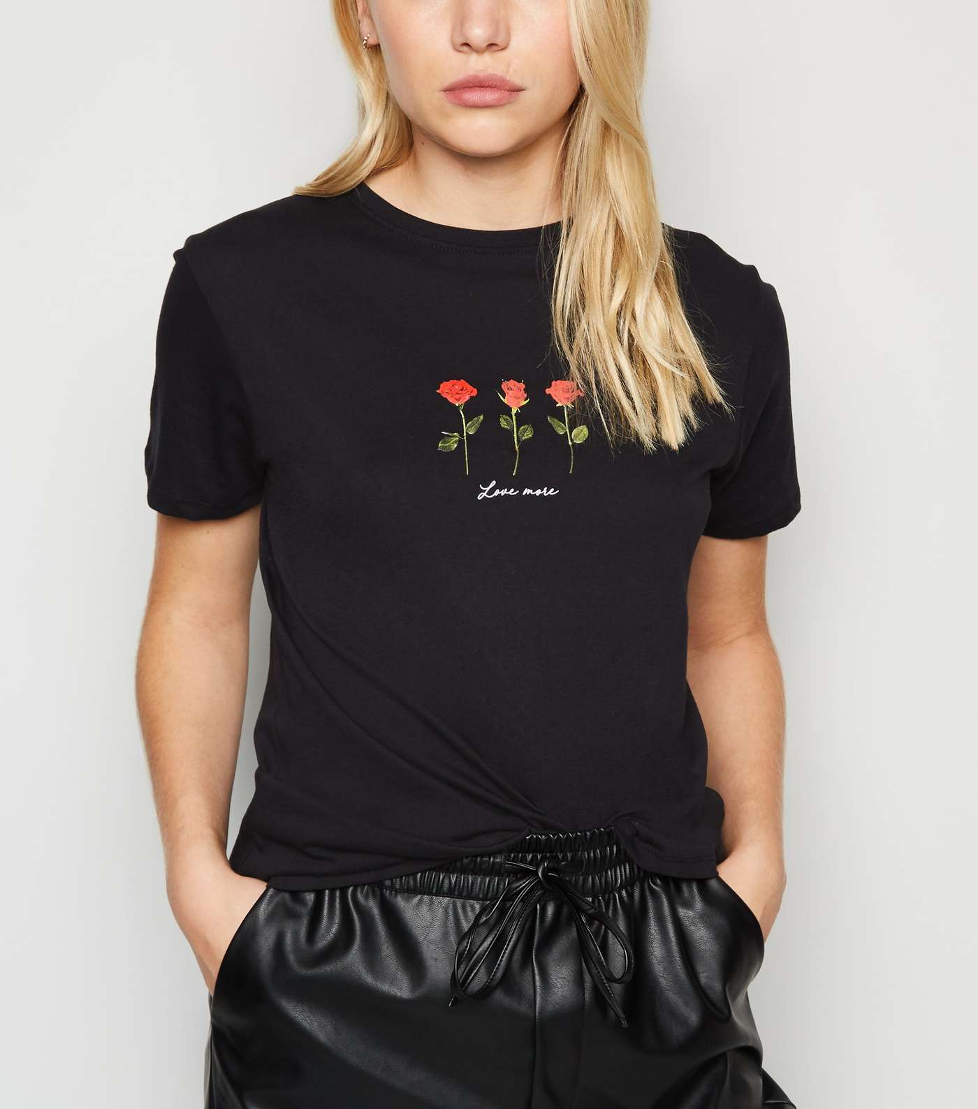 Petite Black Rose Love More Slogan T-Shirt