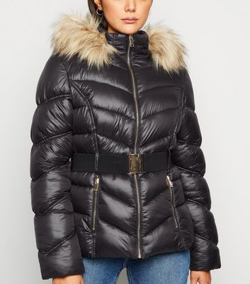 Girls Black Faux Fur Trim Hood Belted Puffer Jacket