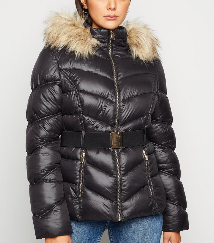 Cameo Rose Black Faux Fur Trim Belted Puffer Jacket New Look Cameo Rose Black Faux Fur Trim Belted, Black Faux Fur Trim Belted Short Coat