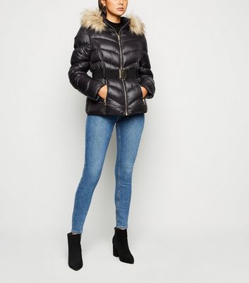 Cameo Rose Black Faux Fur Trim Belted Puffer Jacket