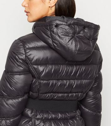 black shiny coat with fur hood new look