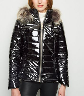 Cameo Rose Black Patent Faux Fur Trim Puffer Jacket | New Look