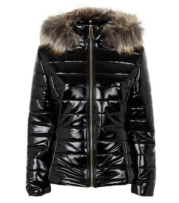 black shiny coat with fur hood