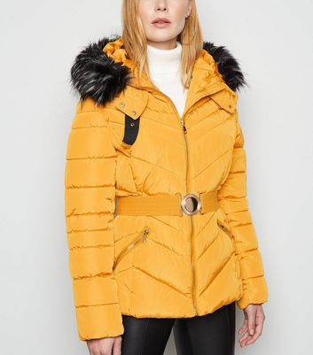 mustard puffer jacket with fur hood