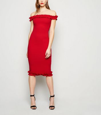 Missfiga Red Ruffle Trim Midi Bodycon Dress | New Look