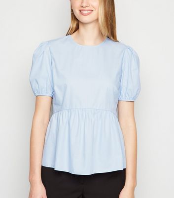 Image of Blue Poplin Puff Sleeve Peplum Blouse New Look