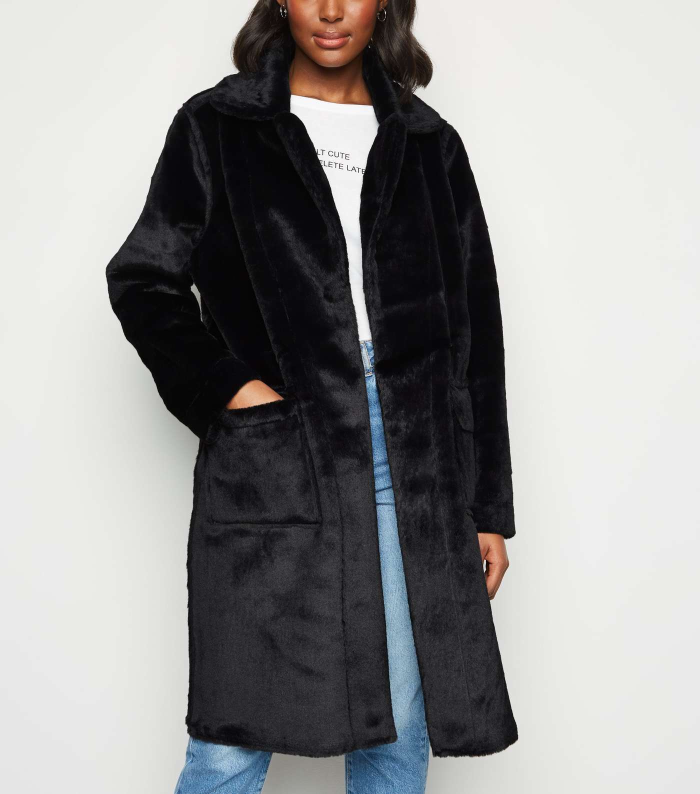 QED Black Suedette Reversible Faux Fur Coat Image 5