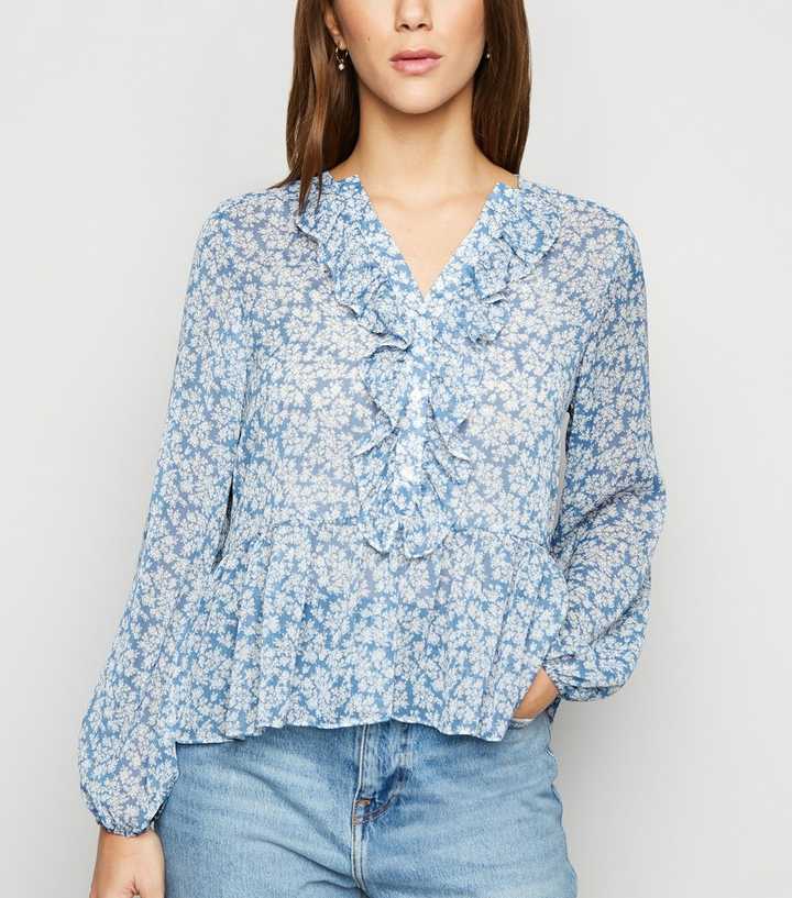 Embroidered Chiffon Blouse in Teal Blue : UKH38