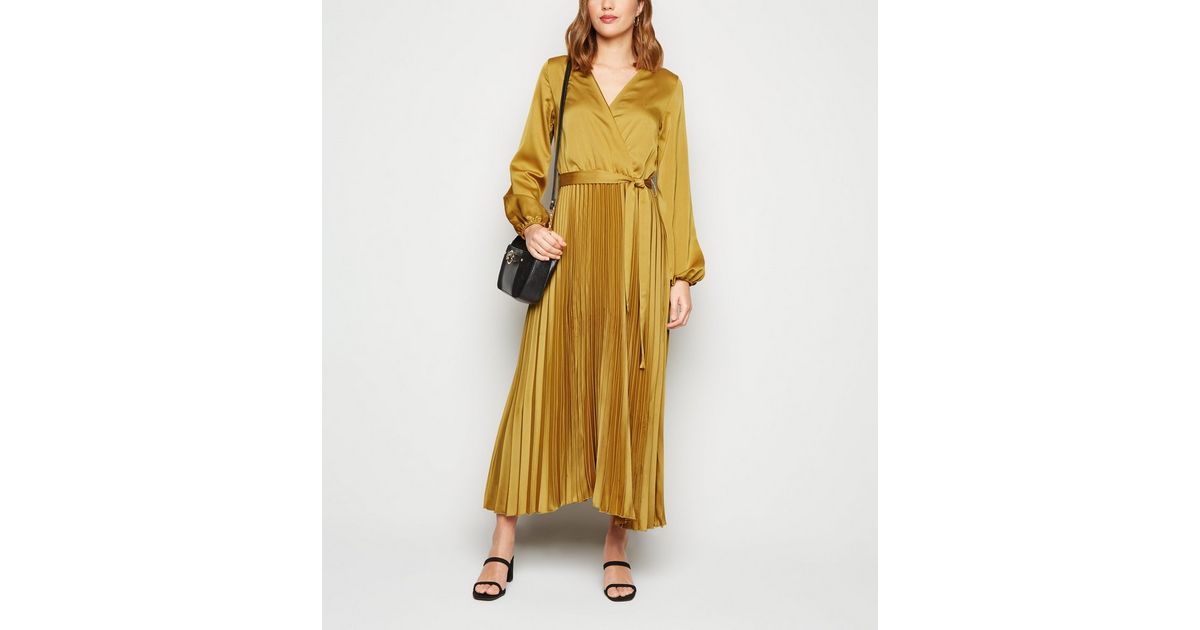 Mustard Satin Long Sleeve Wrap Midi Dress | New Look