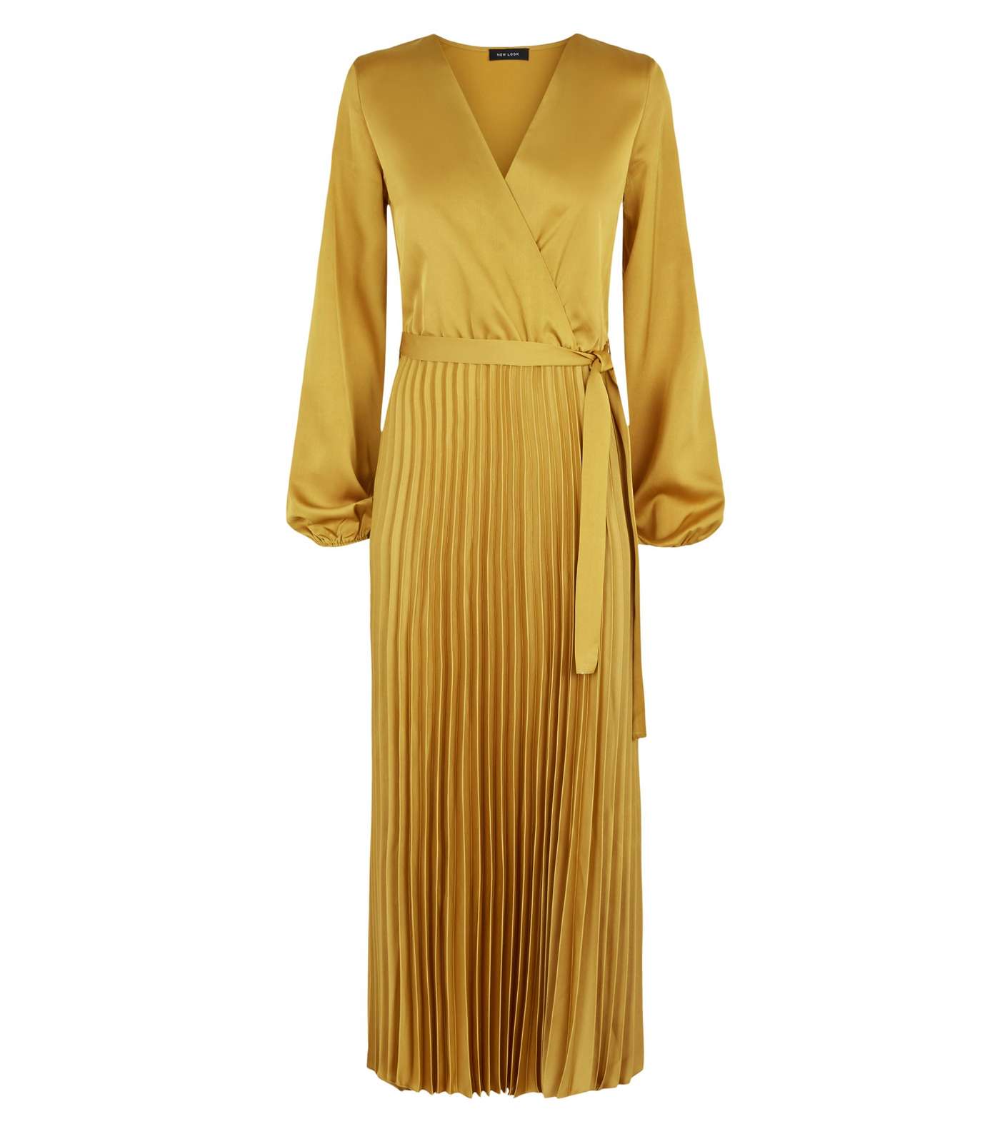 Mustard Satin Long Sleeve Wrap Midi Dress Image 4