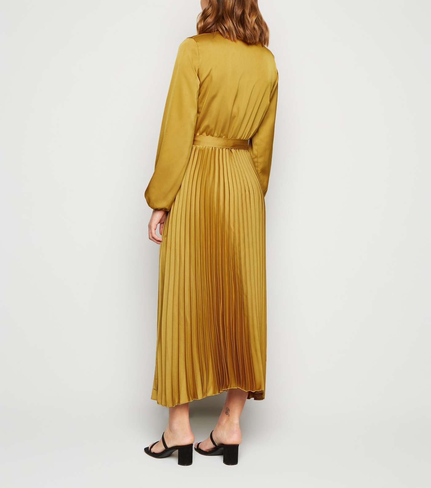 Mustard Satin Long Sleeve Wrap Midi Dress Image 2