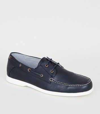 Navy Leather-Look Boat Shoes | New Look