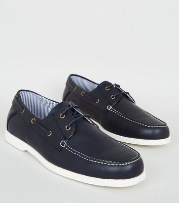 Navy Leather-Look Boat Shoes | New Look