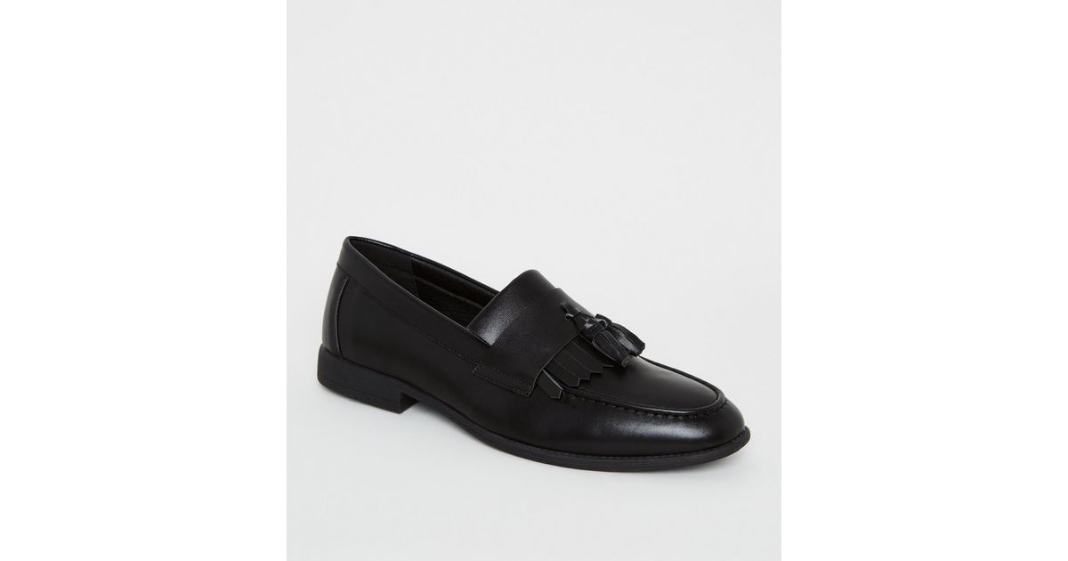 Black LeatherLook Tassel Trim Loafers New Look