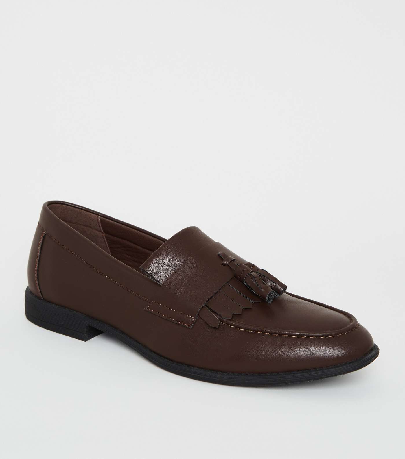 Dark Brown Leather-Look Tassel Trim Loafers