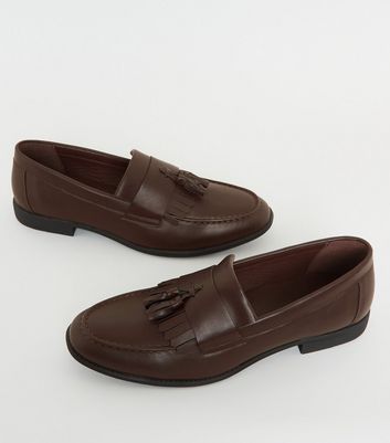 shop for Men's Dark Brown Leather-Look Tassel Trim Loafers New Look Vegan at Shopo