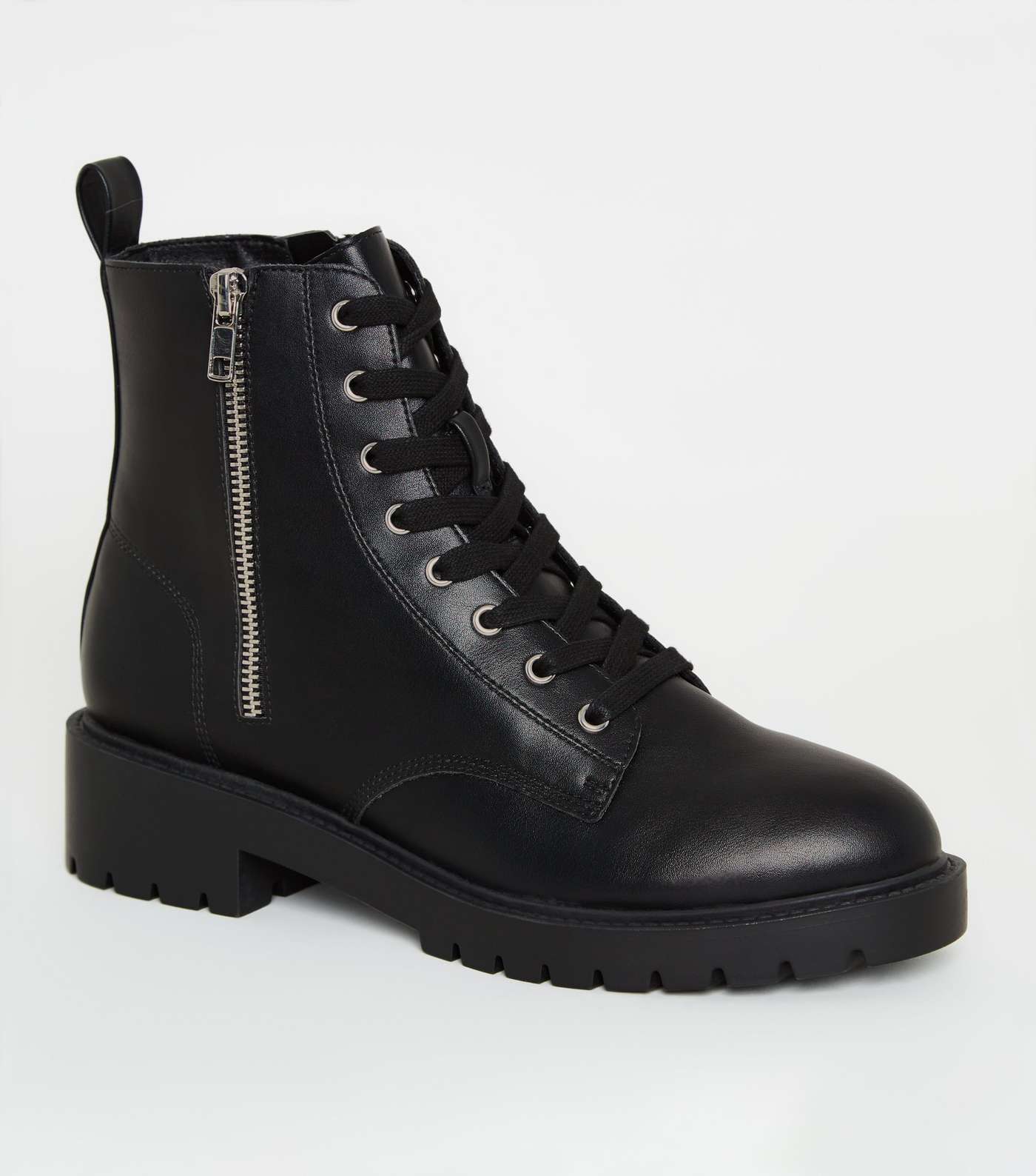 Black Leather-Look Side Zip Chunky Boots